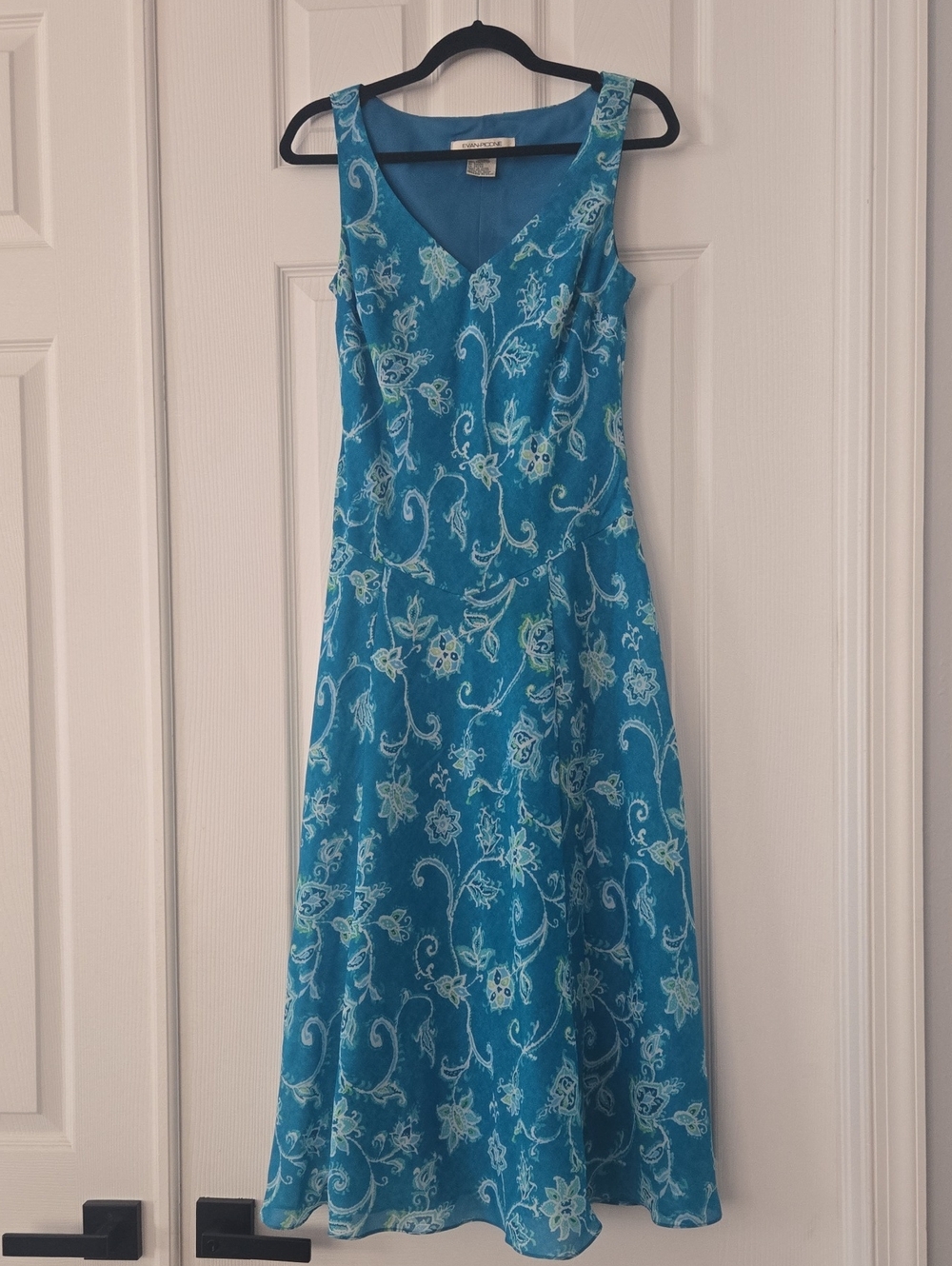 Evan Picone Sheer Teal Floral V-Neck Maxi Dress